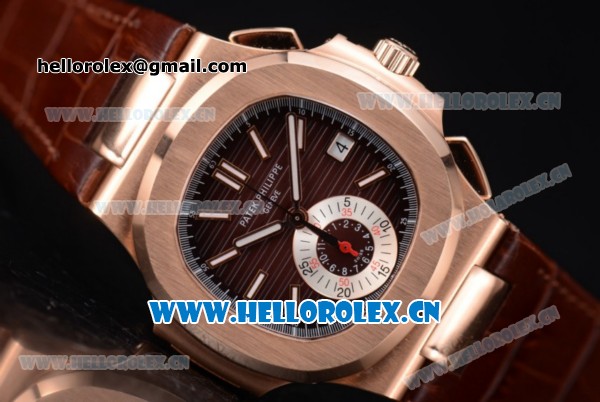 Patek Philippe Nautilus Clone PP 315 Automatic Rose Gold Case with Brown Dial Stick/Arabic Numeral Markers and Brown Leather Strap (BP) - Click Image to Close